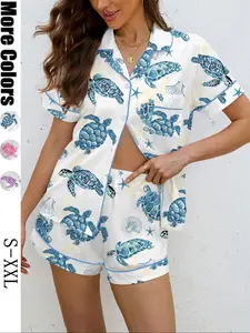 Women's Casual Ocean Theme Turtle Print Pajama Set, Loose-Fit Short Sleeve Shirt & Elastic Shorts, All-Season Sleepwear, Loungewear, Pjs