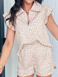Women's Beige Leopard Zip Polo Top 2pcs Short Set, Casual Everyday Flowy Loungewear Sets for Women, Cute Preppy Ruffle Sleeve Two Piece Outfits, Chic Boho Summer Matching Suits, Athletic Aesthetic Pajamas Apparel