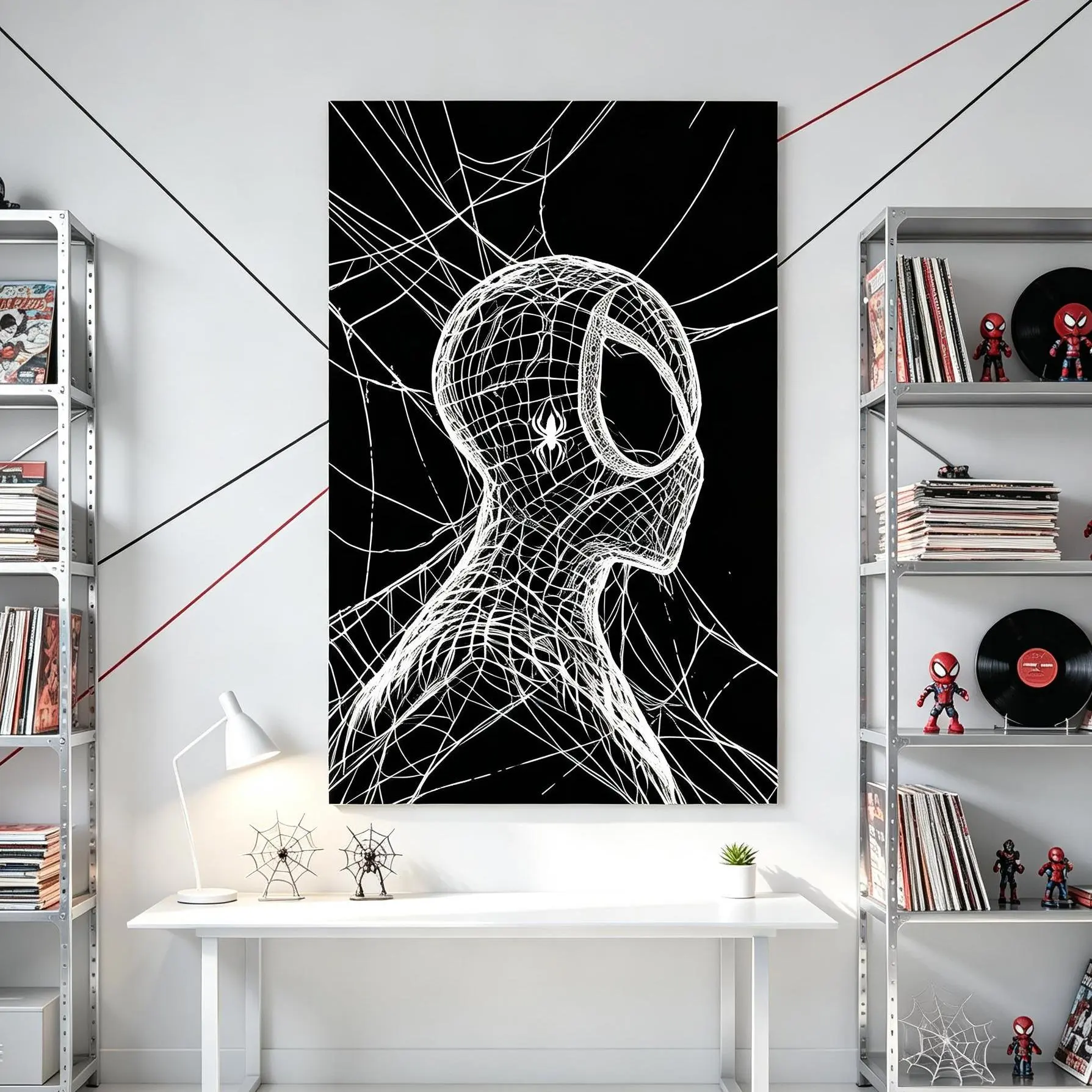 Black White Web Hero Poster Abstract Line Art Masked Figure Wall Decor Modern Graphic Print for Bedroom Gaming Room Office Dorm Gift for Teens Men Comic Style Canvas Art