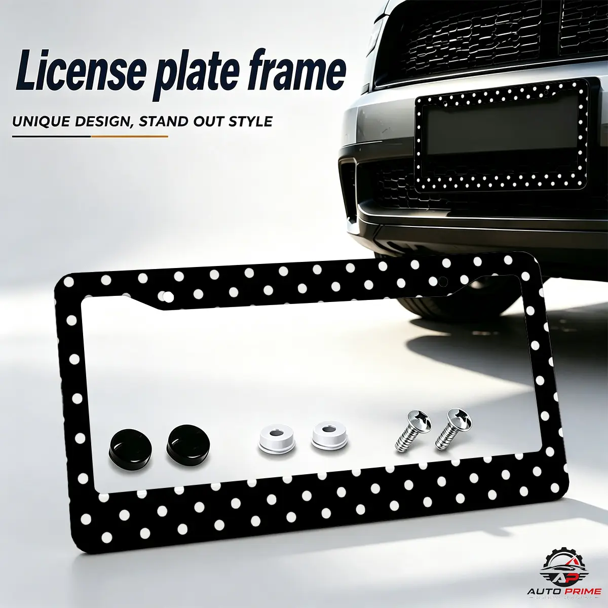 2-PCS Black White Polka Dot License Plate Frame 4 Holes Aluminum Car Tag Frame Universal US Size Car Accessories Auto Decor for SUV Truck