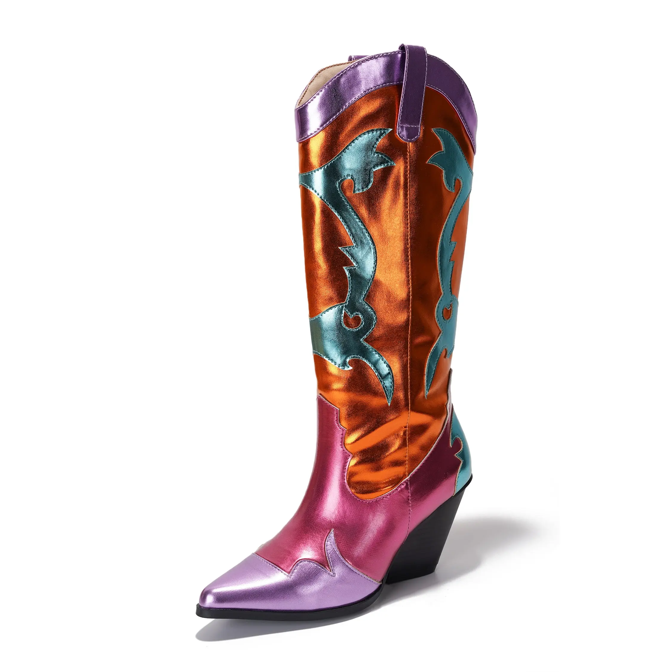 Juliana Pointed Toe Metallic Colorblock Cowboy Mid Calf Boots - Orange
