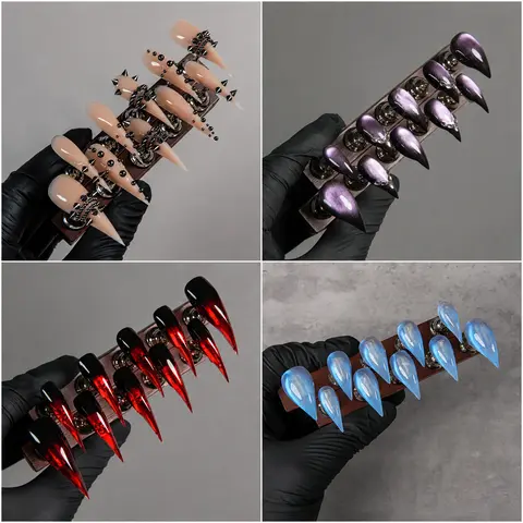 Long Dark Gradient Press-On Nail Sets with Shimmer Finish, 3D Silver Accents and Rhinestone Chains for Unique Nail Art Look