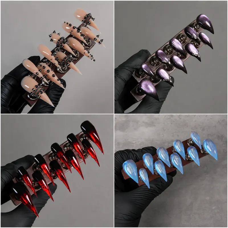 Long Dark Gradient Press-On Nail Sets with Shimmer Finish, 3D Silver Accents and Rhinestone Chains for Unique Nail Art Look