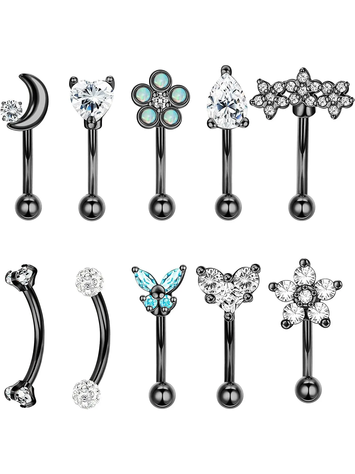 10 Pcs 16G Rook Daith Earrings for Women Surgical Steel 6mm Eyebrow Rings Inlaid CZ Opal Turquoise Belly Lip Ring Cartilage Surface Tragus Piercing Jewelry