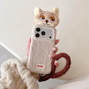Warm Fluffy Plush 3D Cartoon Animal Phone case for iPhone 16 Pro Max 15 14 17 Pro Cover With Strap Fundas Cute Protective Cases