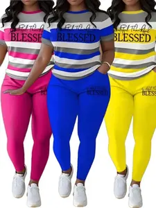 Women Plus Size 2 Piece Outfits Short Sleeve Top and Legging Pant Set Lounge Sets Tracksuit Casual Clashing Color Letter Printed Round Neck Short Sleeve T-Shirt And Pants Set With Pocket Pants