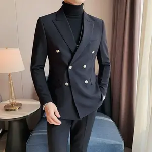 Men's Double-Breasted Blazer Linen Suit Slim Fit for Casual Business Use in Spring and Fall Charcoal