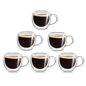 2.5oz Espresso Coffee Cups Set of 6 with Handle, Borosilicate Double Wall Insulated Mugs, Clear Handmade Espresso Shot Glasses, Perfect for Espresso Machine, Tea, and Cappuccino, Aesthetic Traditional Drinkware