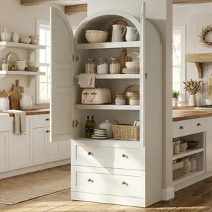 Garvee 72"H Arched Kitchen Pantry Cabinet with 2 Drawers, 2 Doors, and 3 Shelves - Farmhouse Style Tall Wooden Storage Cupboard for Kitchen and Dining Room, Rustic White Finish