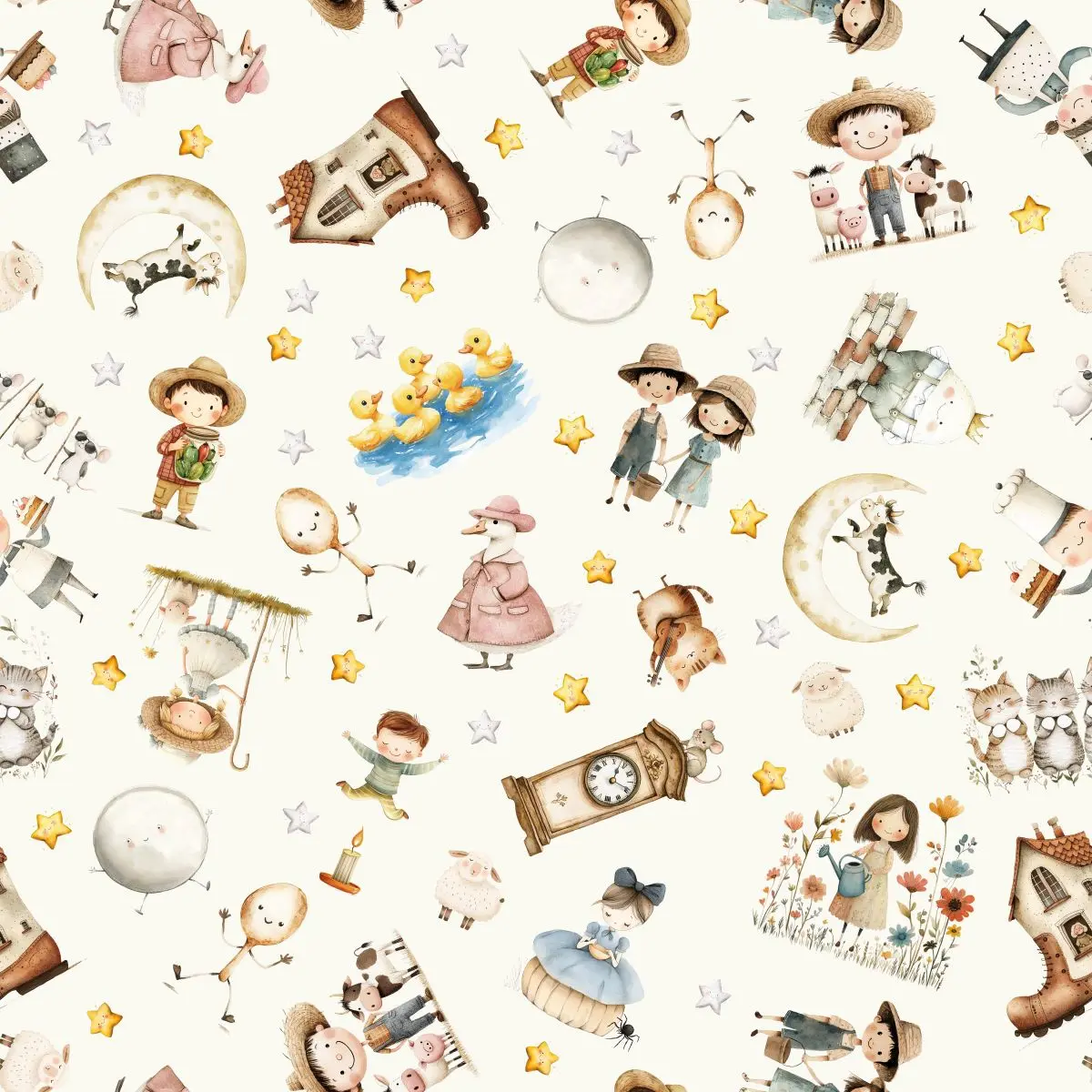 Fabric Blank Quilting Ivory Characters Nursery Rhyme Time by the Quarter Yard 4844-41