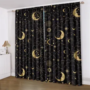 Star & Moon Pattern Curtain, 2 Counts/set Bohemian Fashion Digital Print Sun Moon Star Decoration Curtain, Window Curtain, Suitable for Living Room Office Home Decoration