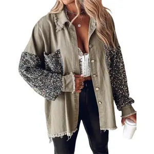 Womens Sequin Patchwork Long Sleeve Jacket Top Raw Hem Button Front Oversized Denim Shacket