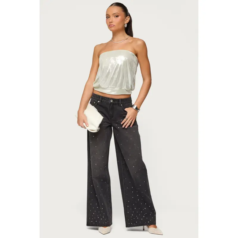 Rhinestone Washed Low Rise Baggy Jeans