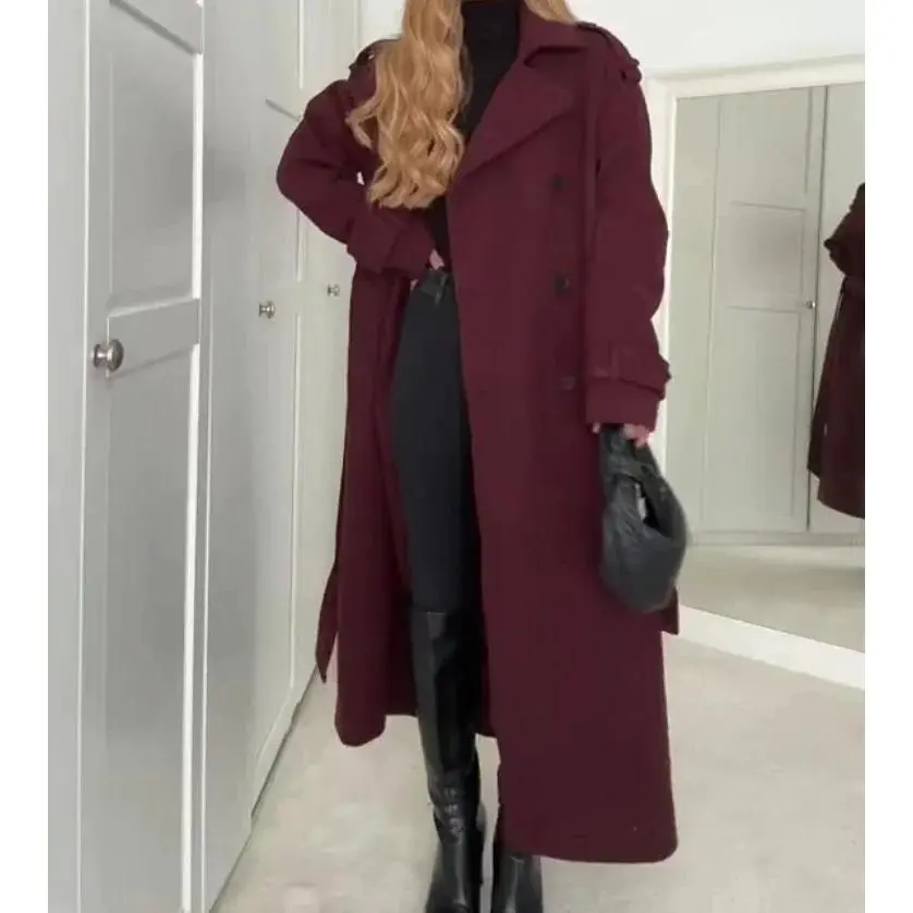 Elegant Bordeaux Lapel Mix Maxi Overcoat