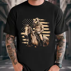 Men's Cowboy On Horse Print T-Shirt - Casual Summer Short Sleeve Round Neck Knit Tee - Breathable Fabric Made In USA