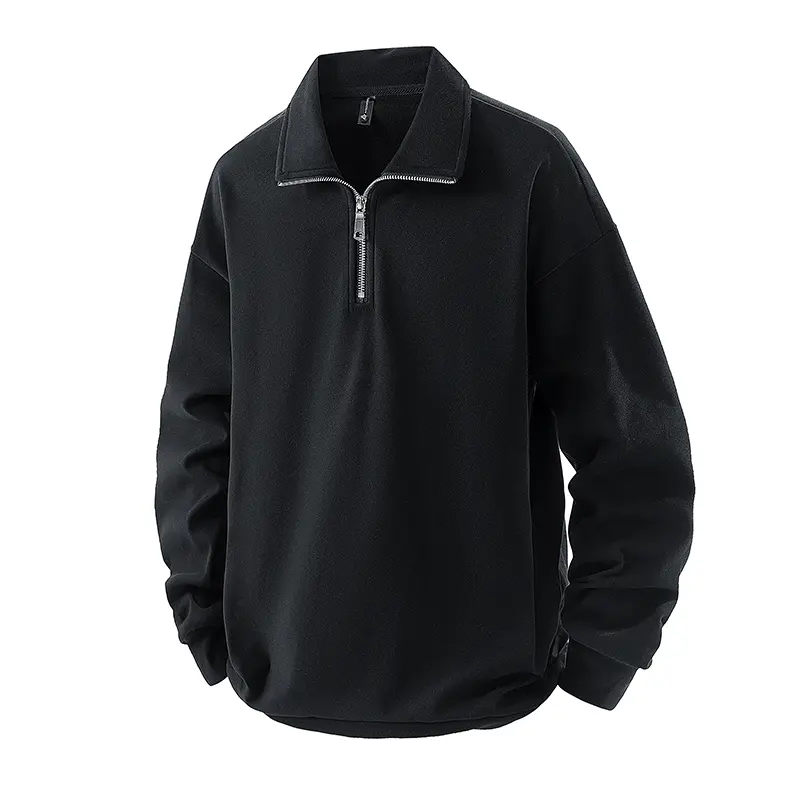 Men's Stylish Collared Neck Plain Half-Zip Pullover Hoodie, Long-Sleeve Unisex Casual Tops, Solid Black Menswear Sweatshirt, Half Zip Sweatshirts