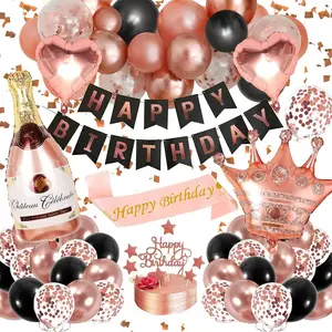 Rose Gold Black Happy Birthday Party Decorative Balloon Set Girl Birthday Banner Arrangement