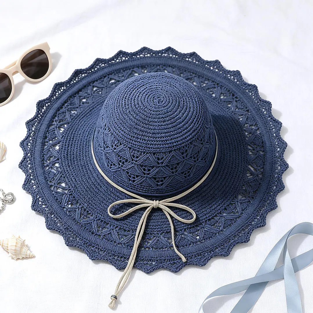 Cottagecore Crochet Sun Hat for Women, Navy Wide Brim Foldable Cap with Chin Strap for Casual Female Beach Outfits, Lace Crochet, Romantic, Aesthetic, Continuous Heat Dissipation, Soft Polyester