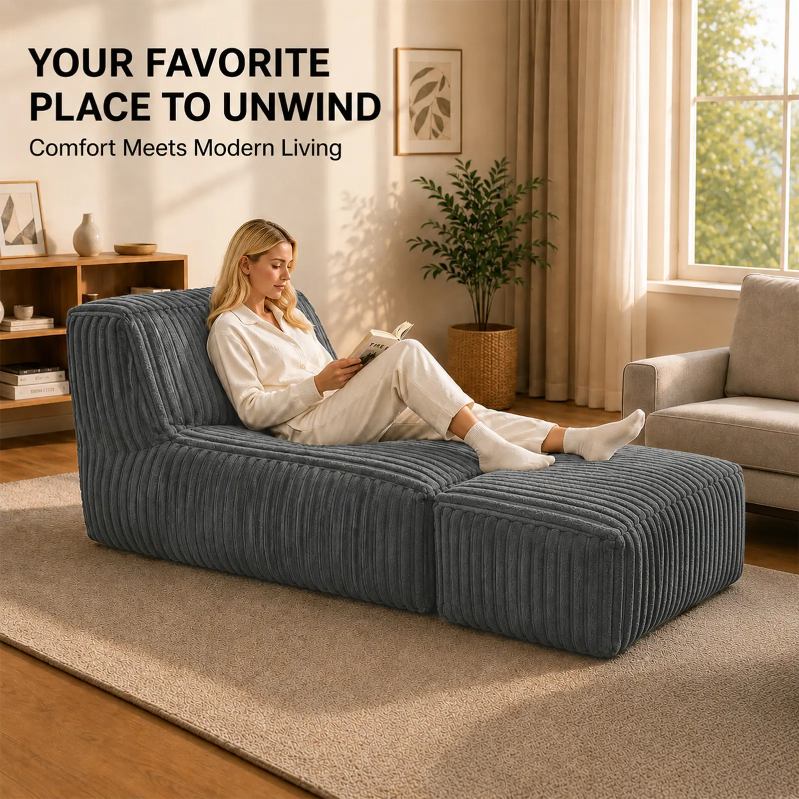 Bean Bag Chair, Boneless Chaise Lounge Chairs, Adults Bean Bag Sofa with Memory Foam Reading Couch for Bedroom, Living Room, Balcony,summergarden