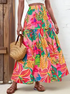 Women's Tropical Plant Print Ruffle Hem Skirt, Vacation Style Beachwear, Elegant Waist Cinched Summer Skirt, Bohemian High-Waisted Long Dress