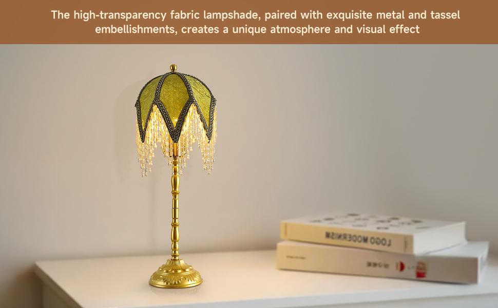 Vintage Tasselled Table Lamp with Beaded Shade, 3 Color Temperatures, Green and Gold, Victorian Style-C