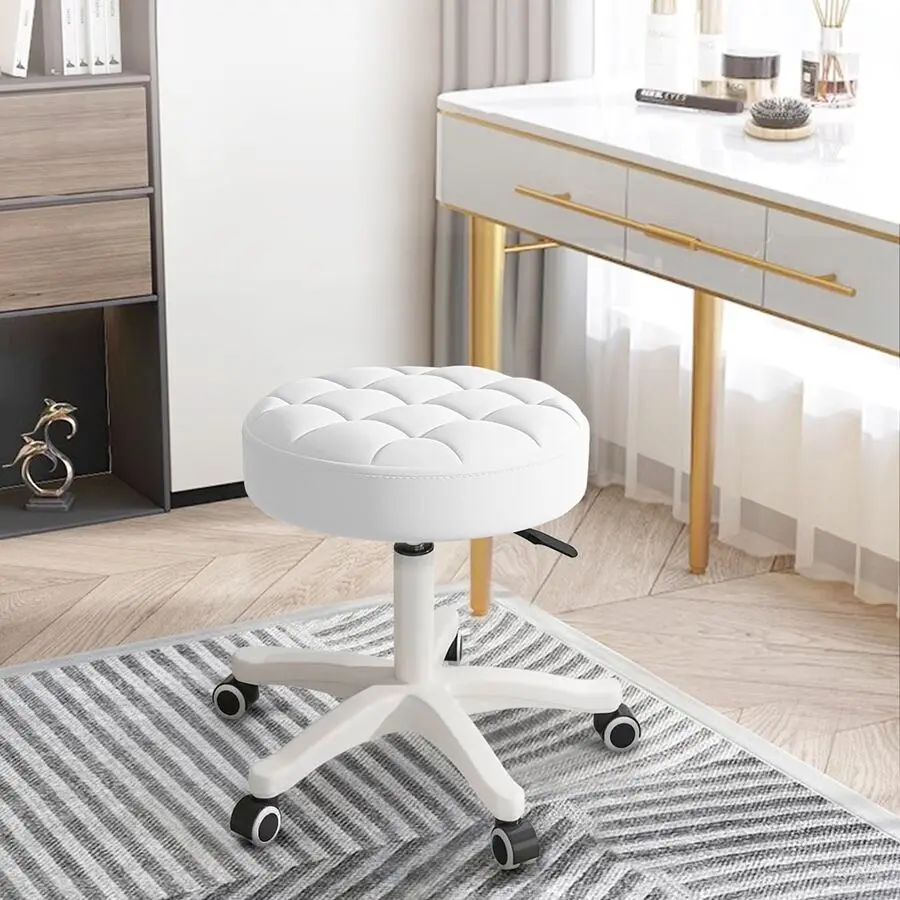 PU Leather Small Round Rolling Stool with Wheels - Height-Adjustable Swivel, Storage, Cushioning, Leather, Long-Durability, Safety, Soft Support Stool for Home Office Computer Desk, SPA Salon Use, Cushioning Stools, Leather Stools