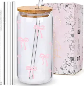 Pink Bow Glass Cup with Lid & Straw | Aesthetic Iced Coffee Matcha Cup | Cute Girly Preppy Gift for Her