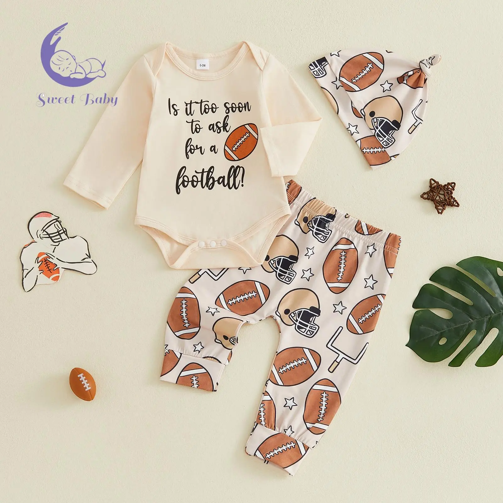 Baby Boys Fall 3 Pcs Outfit Long Sleeve Crew Neck Letter Print Romper Rugby Print Pants Hat Sets