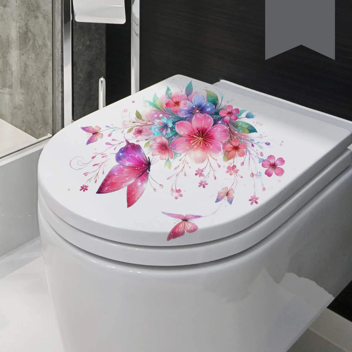 A romantic-style shiny pink floral and butterfly spring-summer toilet sticker for bathroom and restroom, with an artistic decorative design, Bathroom Decor Supplies, measuring 30*30cm, M10403