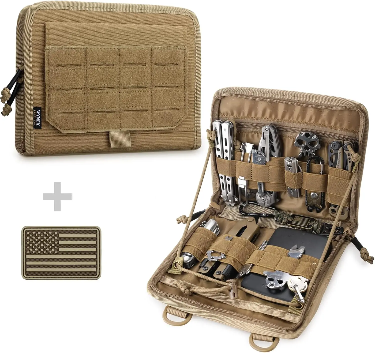 Tactical Laser-Cut MOLLE Admin Pouch, EDC Organizer Tool Bag with U.S Patch, Modular Utility Medical Pocket Accessory for Camping & Hiking Waist Packs