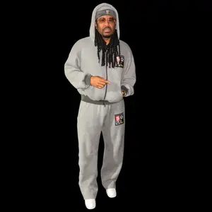 Brand Name 3 Piece 2 Tone Oversized Plush Hooded Sweatsuit and Beanie Hat Set in Gray and Dark Gray for Men