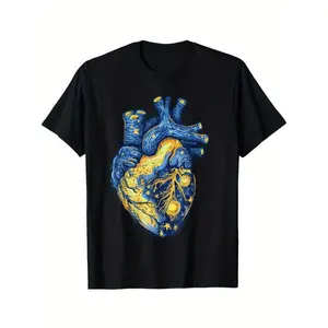 Fashion T shirt Van Gogh Shirt Starry Night Heart Painting Anatomical Heart T-Shirt Selected pure cotton interesting design DIY short sleeve t-shirt for men Top Casual