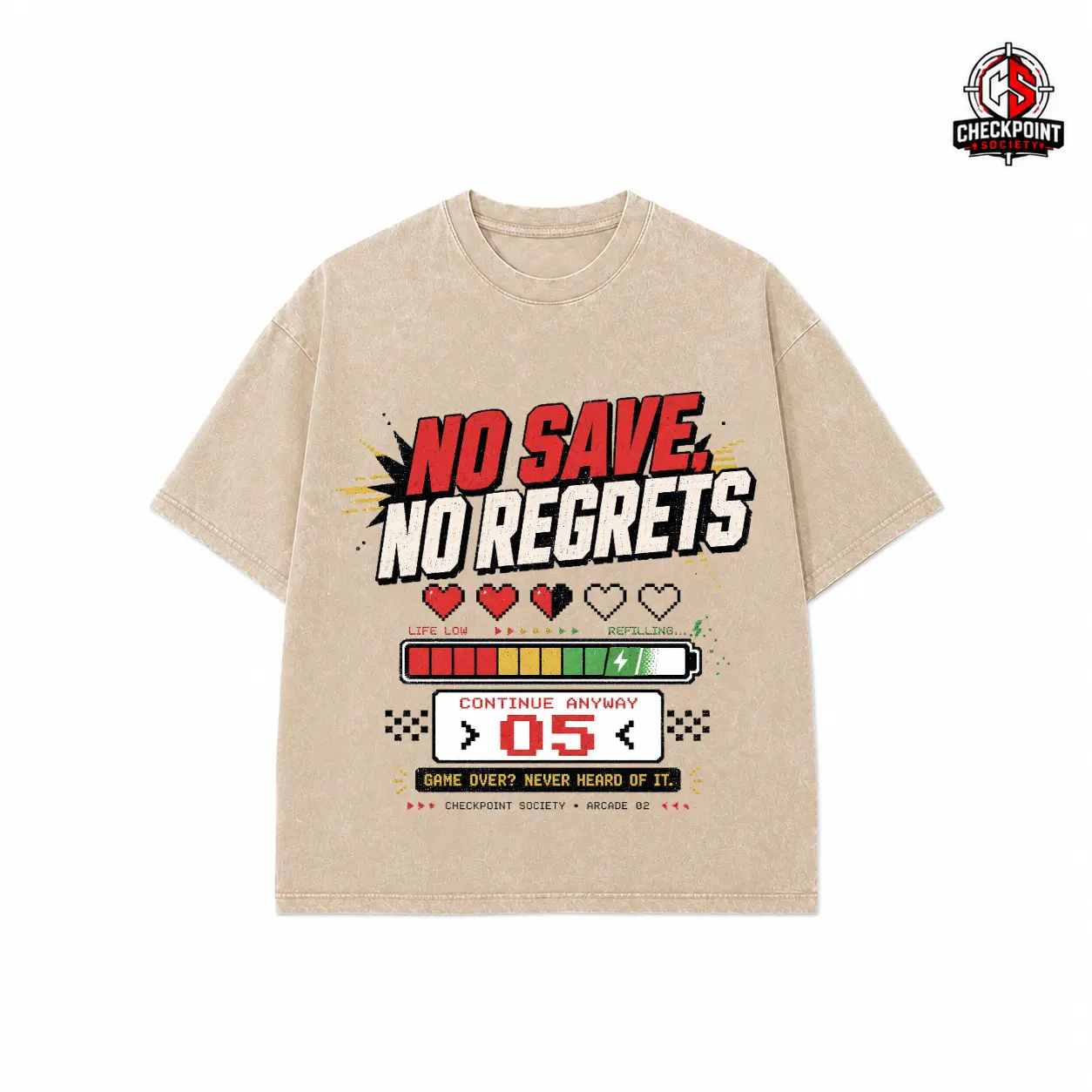 Vintage Washed Black Gamer Graphic T-Shirt, 'No Save No Regrets' Game Status Design Casual Short Sleeve Tee, Streetwear Style Top For Gamers, Great For Gaming Fans And Everyday Casual Wear