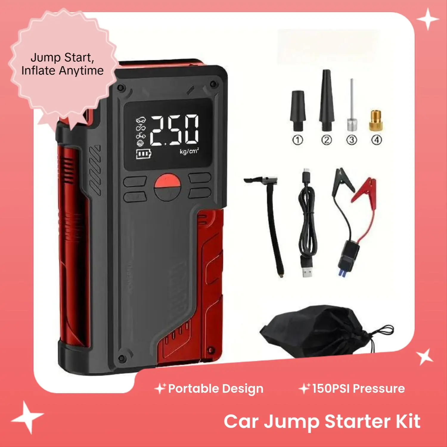 Portable Handheld Compact Multi-Function Car Jump Starter with Air Compressor - 150PSI Digital Tire Filler, LCD Screen Tire Pressure Monitor, Automotive Escape Tool for Inflate/Jump, Emergency Aid for Various Cars Vehicle Tire Inflator Smart Air Inflator