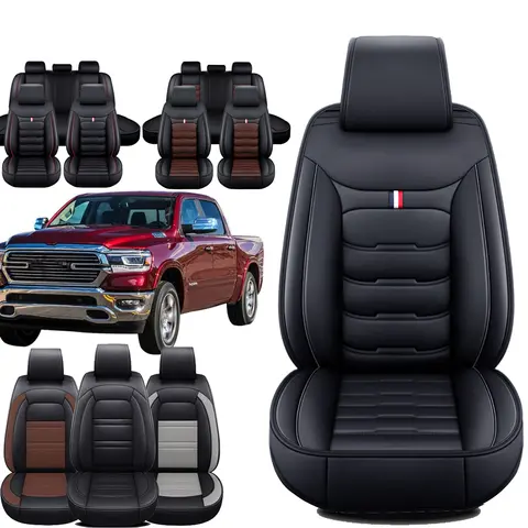 Durable Faux Leather Automotive Seat Covers - Custom Fit Vehicle Accessory for Dodge Ram 2009-2024 1500/2500/3500 Pickups, Airbag-Safe, Full 5-Seat Protectors, Tool-Free Buckle Install, Backseat Covers