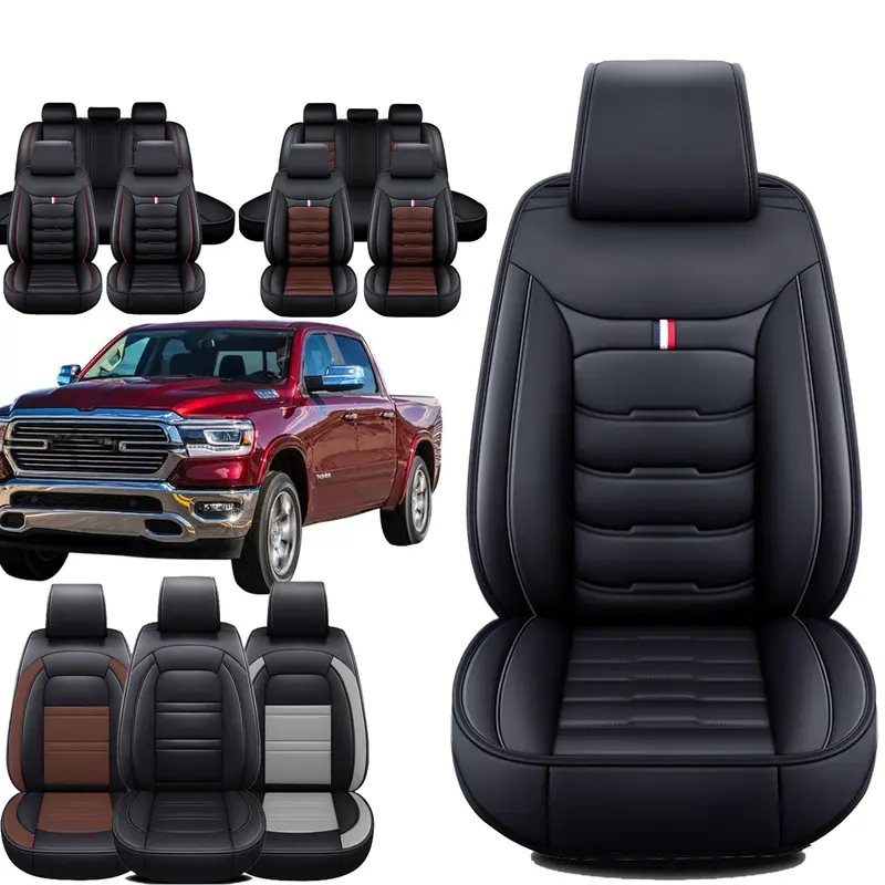 Durable Faux Leather Automotive Seat Covers - Custom Fit Vehicle Accessory for Dodge Ram 2009-2024 1500/2500/3500 Pickups, Airbag-Safe, Full 5-Seat Protectors, Tool-Free Buckle Install, Backseat Covers