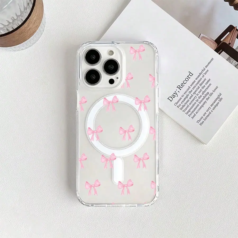 Pink Bow Pattern Magnetic case compatible with iphone 16 pro max 15 pro,iPhone16 15 14 PLUS 13 12 11,with Samsung S22 fe s24 Ultra Plus samsung s23 ultra soft case shockproof phone accessory,fashion phone case cutephonecase junk
