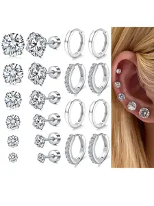 20Pcs 20gauge Flat Back Stud & Hoop Earrings for Women Hypoallergenic Stainless Steel 8mm Cartilage Hoops Earring 3/4/5/6/7/8mm CZ Flatback Stud Earring Sets for Multiple Piercing Stacks Ear Studs