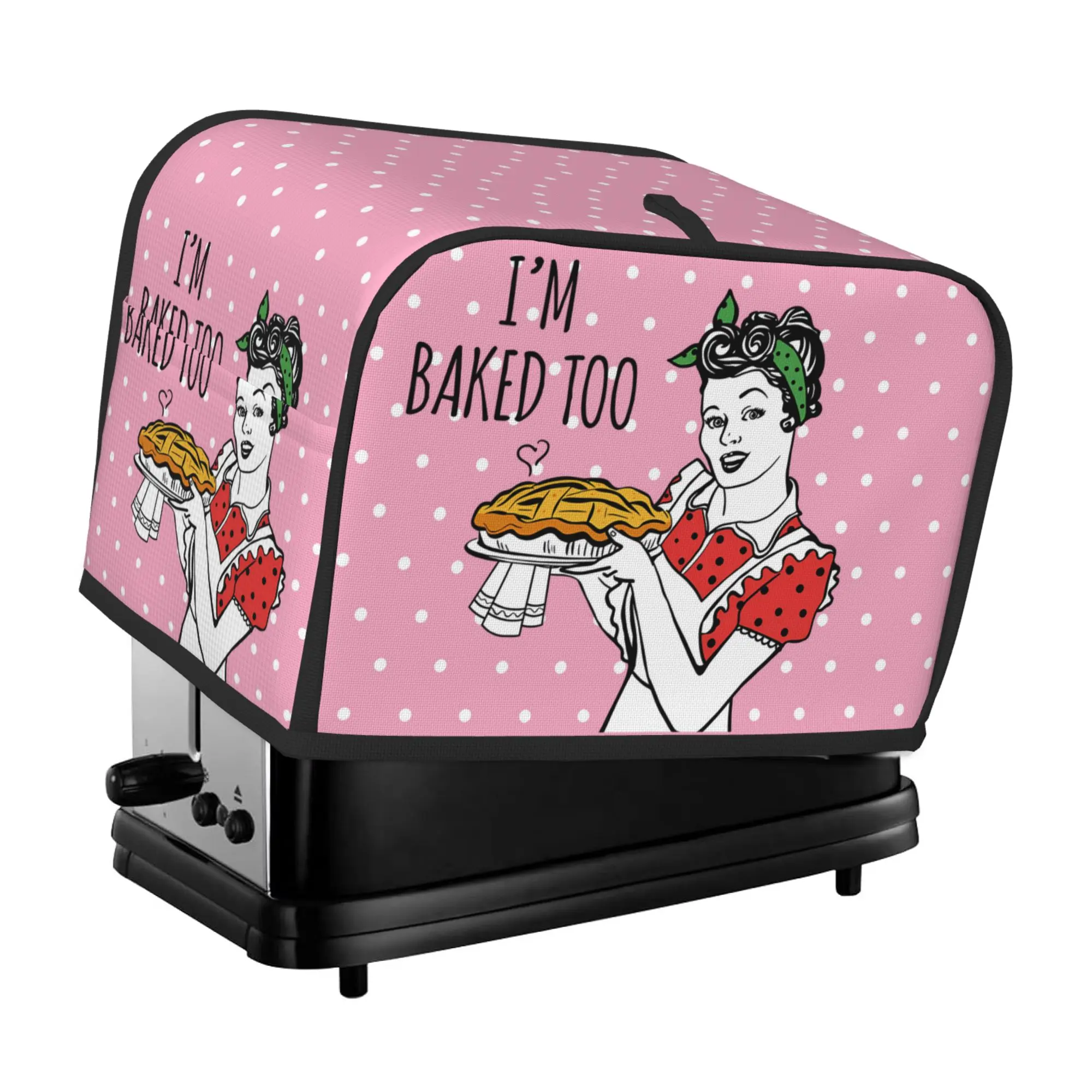 Pink Cute Polyester Foldable Toaster Dust Cover, Smiling Housewife Design, "I'M BAKED TOO" Themed, Washable Creative Kitchen Small Appliance Cover With Top Hook For Standard 2-Slice Toasters