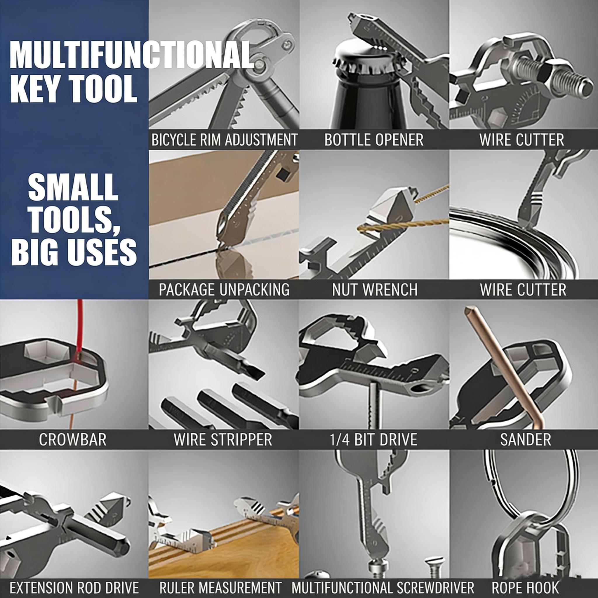 Key Shaped, Pocket Multi-Tool, 16-in-1, Small Utility Kit, Lightweight Stainless Steel, EDC Gear, Portable, Durable, Ultimate Survival Tool, Camping Essentials, Gift for Men