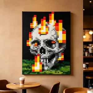 Vivid Pixel Skull Flame Canvas Wall Art, Neon Cyberpunk Skull Poster, Gaming Aesthetic Decor, Digital Glitch Art Print for Bedroom Living Room Office Cafe, Modern Wall Decoration white home church office decor