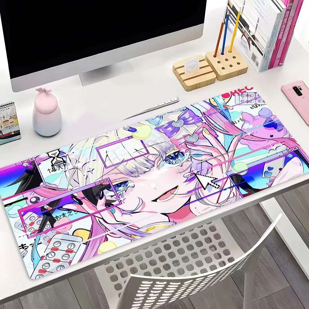 Cyberpunk Glitch Art Pastel Goth Girl Large Gaming Mouse Pad,Aesthetic Desktop Drotection Pad,Washable Rubber Pad Non-Slip Lock Edge Multi-Size Mouse Pad Suitable For Home Office,Good Gift for Family and friends