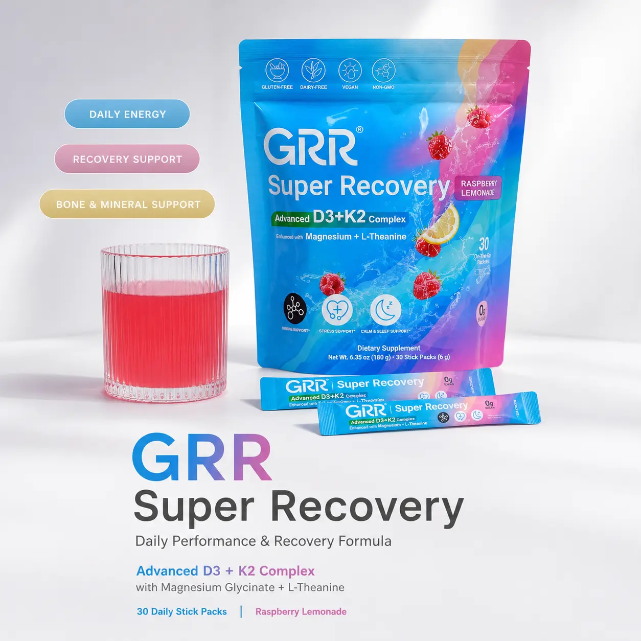 GRR Super Recovery Advanced D3+K2 Complex with Magnesium Glycinate & L-Theanine Supports Bone Immune & Daily Wellness
