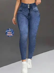 Women's High Waisted Stretchy Denim Look Fake Button Leggings, All Seasons Slim Fit Tight Long Pants, Casual Sportswear