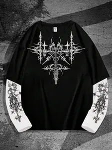 Men's Gothic Metal Style Long Sleeve Fitted T-Shirt with Y2K Vintage Graphic Design, Casual Streetwear for Everyday and Urban, Menswear