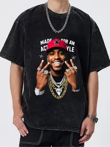 Men's Vintage Washed Hip-Hop Style Idol Print Loose T-Shirt, Street Rap Culture Personality Short Sleeve, Casual Loose Top