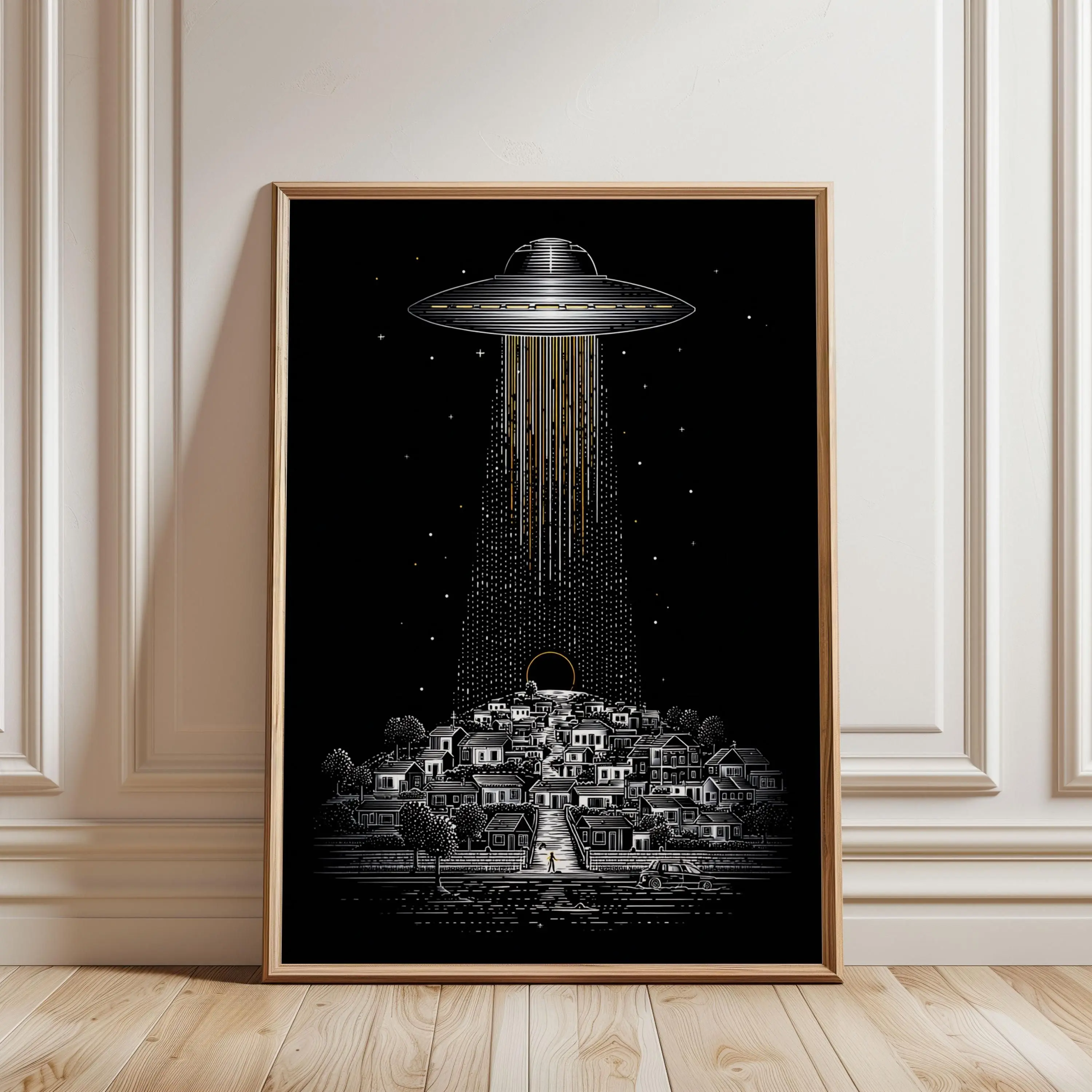 [SALE UP TO 40%] [Unframed] UFO Abduction Night Sky Poster, Sci-Fi Alien Spacecraft Wall Art Print