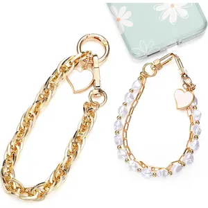 2 Pcs Pearl Beaded Phone Wrist Straps Anti Lost Wrist Lanyard Double Chain Cell Phone Charm with 3 Tether Tab Beaded Wristlet Bracelet for Women Men Phone Wallet Keychain Camera