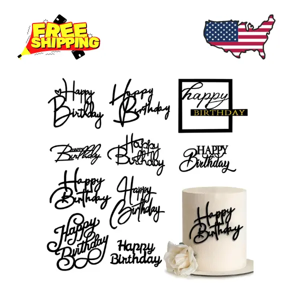 10 PCS Black Happy Birthday Acrylic Cake Toppers Mirrored Side Cake Decorations Inserts 10 Styles