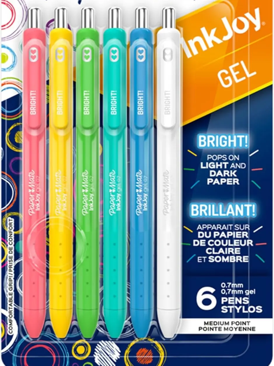 Inkjoy Gel Bright! Pens, Medium Point (0.7mm), Retractable, Assorted Opaque Ink, 6 Count